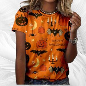New Orange Halloween Print Women’s T-Shirt Festive Short Sleeve Top Size: XL